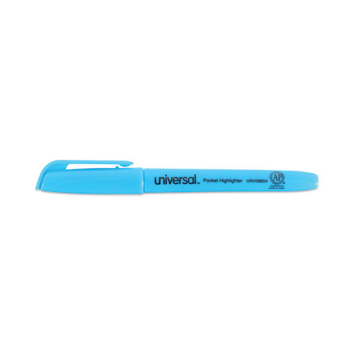 Image of Universal Pocket Highlighters, Fluorescent Blue Ink, Chisel Tip, Blue Barrel, Dozen