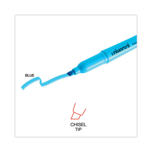 Image of Universal Pocket Highlighters, Fluorescent Blue Ink, Chisel Tip, Blue Barrel, Dozen