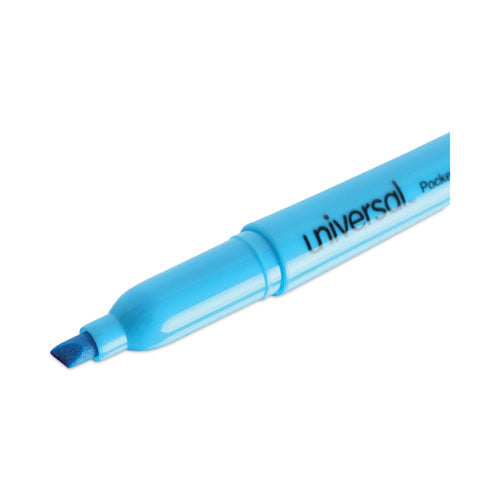 Image of Universal Pocket Highlighters, Fluorescent Blue Ink, Chisel Tip, Blue Barrel, Dozen