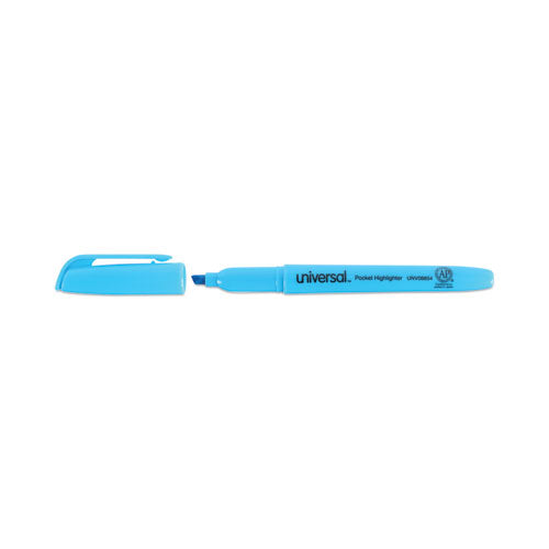 Image of Universal Pocket Highlighters, Fluorescent Blue Ink, Chisel Tip, Blue Barrel, Dozen