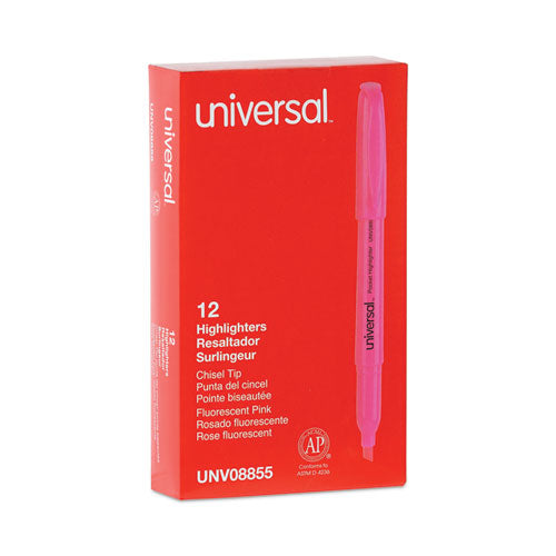 Image of Universal Pocket Highlighters, Fluorescent Pink Ink, Chisel Tip, Pink Barrel, Dozen