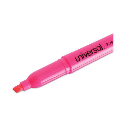 Image of Universal Pocket Highlighters, Fluorescent Pink Ink, Chisel Tip, Pink Barrel, Dozen