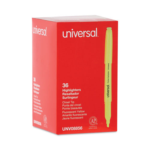 Image of Universal Pocket Highlighter Value Pack, Fluorescent Yellow Ink, Chisel Tip, Yellow Barrel, 36/pack