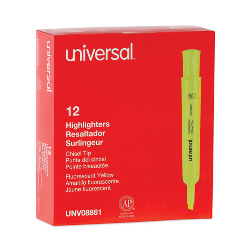 Image of Universal Desk Highlighters, Fluorescent Yellow Ink, Chisel Tip, Yellow Barrel, Dozen