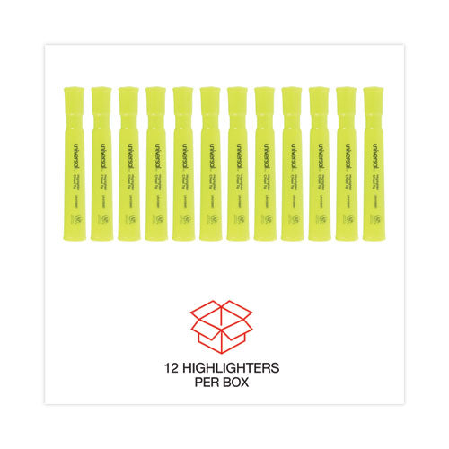 Image of Universal Desk Highlighters, Fluorescent Yellow Ink, Chisel Tip, Yellow Barrel, Dozen