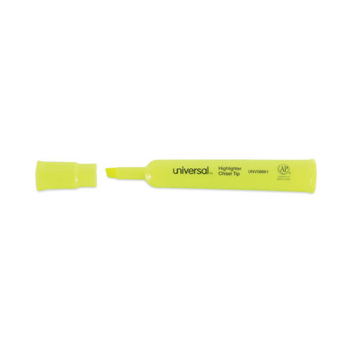 Image of Universal Desk Highlighters, Fluorescent Yellow Ink, Chisel Tip, Yellow Barrel, Dozen