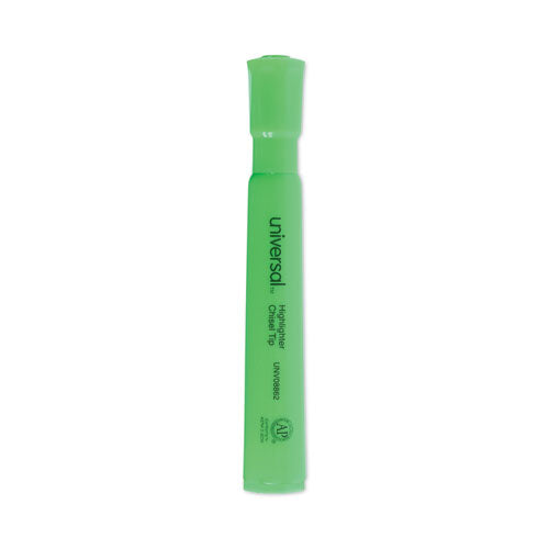Image of Universal Desk Highlighters, Fluorescent Green Ink, Chisel Tip, Green Barrel, Dozen