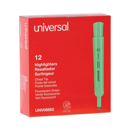 Image of Universal Desk Highlighters, Fluorescent Green Ink, Chisel Tip, Green Barrel, Dozen