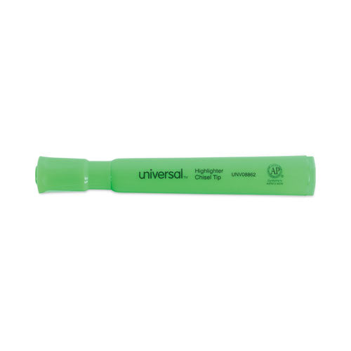 Image of Universal Desk Highlighters, Fluorescent Green Ink, Chisel Tip, Green Barrel, Dozen