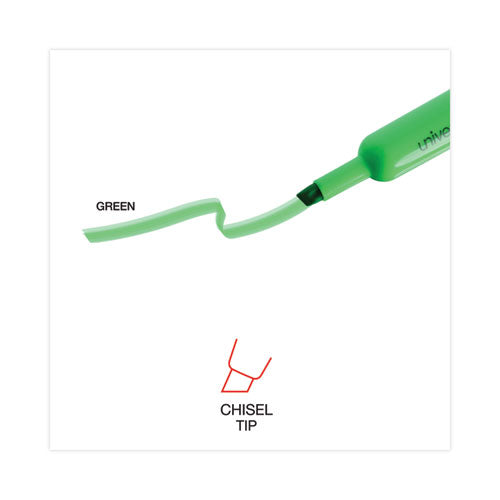 Image of Universal Desk Highlighters, Fluorescent Green Ink, Chisel Tip, Green Barrel, Dozen