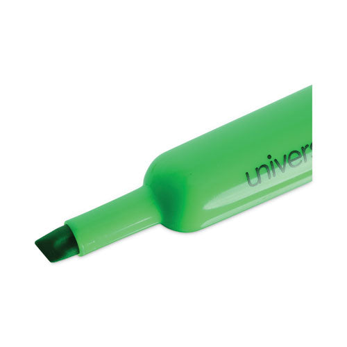 Image of Universal Desk Highlighters, Fluorescent Green Ink, Chisel Tip, Green Barrel, Dozen