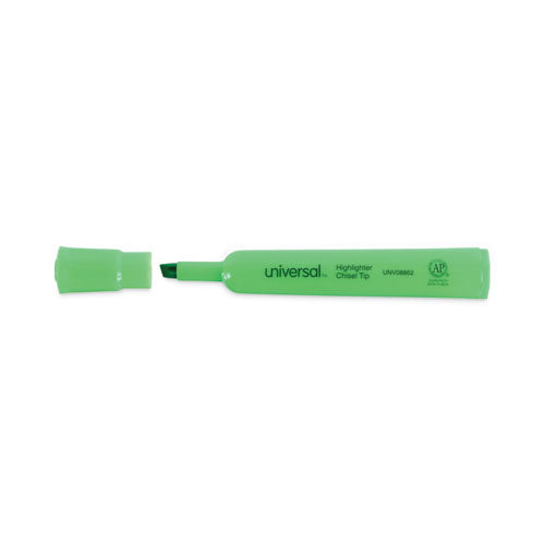 Image of Universal Desk Highlighters, Fluorescent Green Ink, Chisel Tip, Green Barrel, Dozen