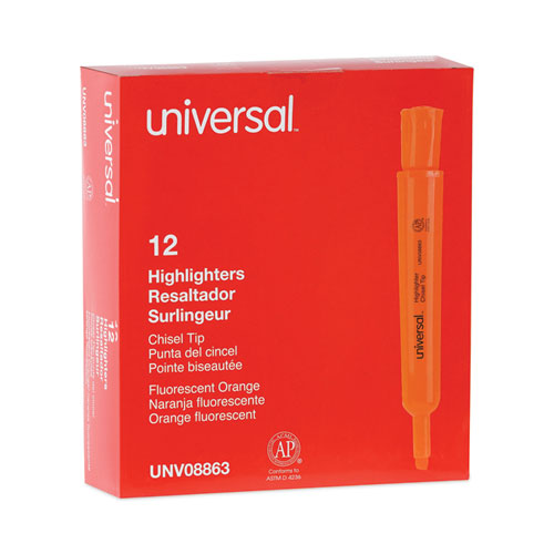 Image of Universal Desk Highlighters, Fluorescent Orange Ink, Chisel Tip, Orange Barrel, Dozen