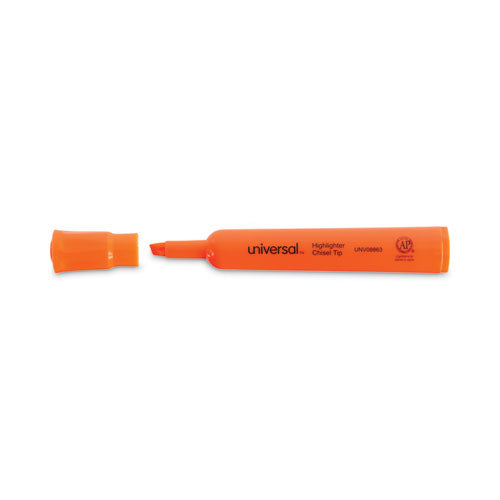Image of Universal Desk Highlighters, Fluorescent Orange Ink, Chisel Tip, Orange Barrel, Dozen