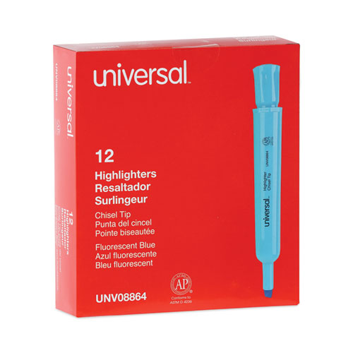 Image of Universal Desk Highlighters, Fluorescent Blue Ink, Chisel Tip, Blue Barrel, Dozen