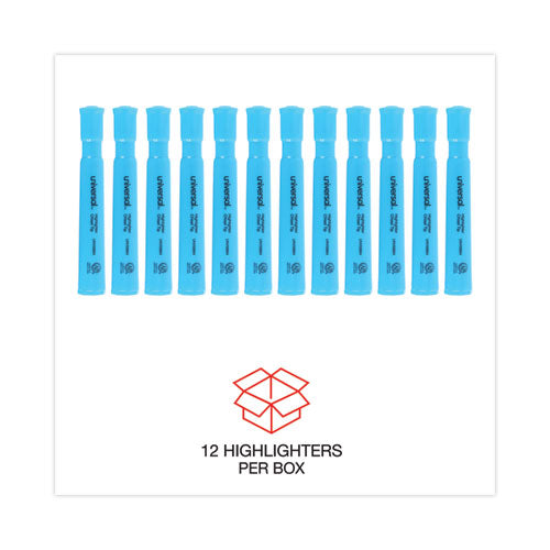 Image of Universal Desk Highlighters, Fluorescent Blue Ink, Chisel Tip, Blue Barrel, Dozen