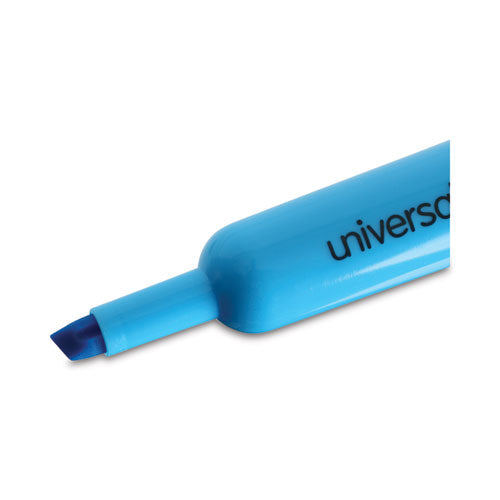 Image of Universal Desk Highlighters, Fluorescent Blue Ink, Chisel Tip, Blue Barrel, Dozen