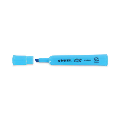 Image of Universal Desk Highlighters, Fluorescent Blue Ink, Chisel Tip, Blue Barrel, Dozen