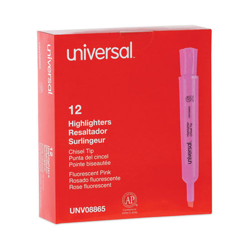 Image of Universal Desk Highlighters, Fluorescent Pink Ink, Chisel Tip, Pink Barrel, Dozen