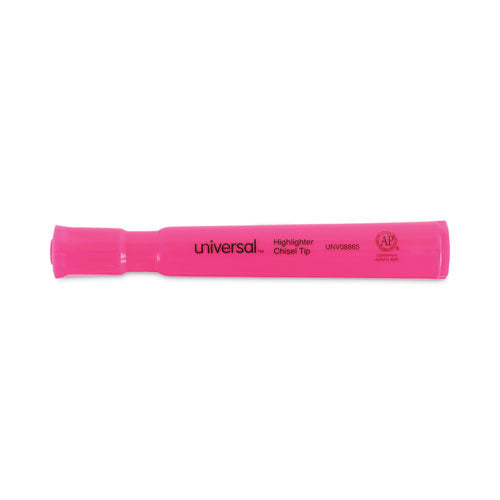 Image of Universal Desk Highlighters, Fluorescent Pink Ink, Chisel Tip, Pink Barrel, Dozen