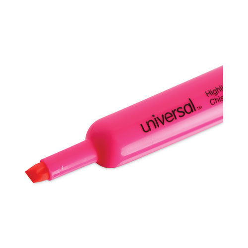 Image of Universal Desk Highlighters, Fluorescent Pink Ink, Chisel Tip, Pink Barrel, Dozen
