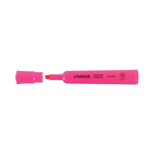 Image of Universal Desk Highlighters, Fluorescent Pink Ink, Chisel Tip, Pink Barrel, Dozen