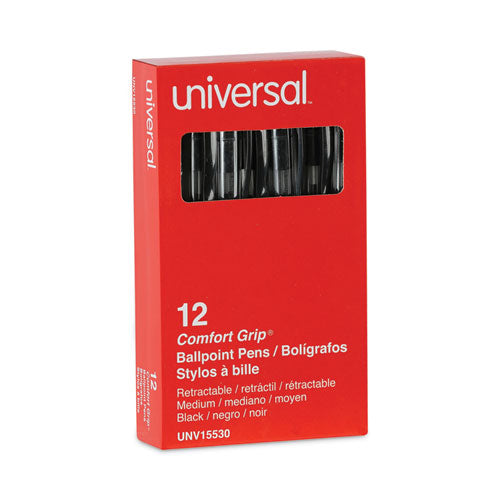Image of Universal Comfort Grip Ballpoint Pen, Retractable, Medium 1 mm, Black Ink, Clear/Black Barrel, Dozen