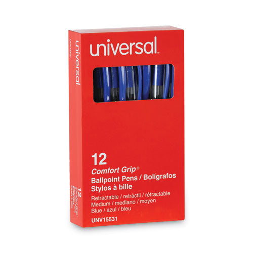 Image of Universal Comfort Grip Ballpoint Pen, Retractable, Medium 1 mm, Blue Ink, Clear/Blue Barrel, Dozen