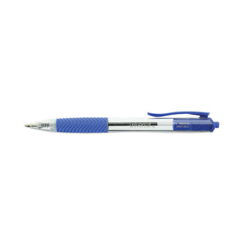 Image of Universal Comfort Grip Ballpoint Pen, Retractable, Medium 1 mm, Blue Ink, Clear/Blue Barrel, Dozen