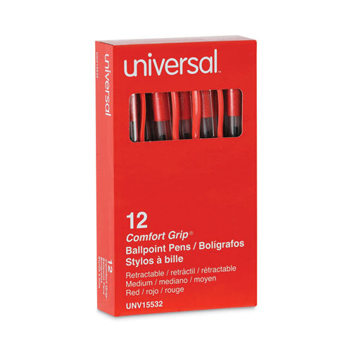 Image of Universal Comfort Grip Ballpoint Pen, Retractable, Medium 1 mm, Red Ink, Clear/Red Barrel, Dozen