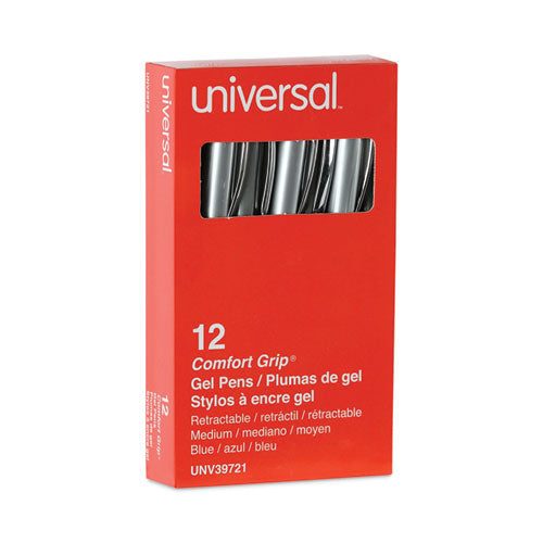 Image of Universal Comfort Grip Gel Pen, Retractable, Medium 0.7 mm, Blue Ink, Gray/Blue/Silver Barrel, Dozen