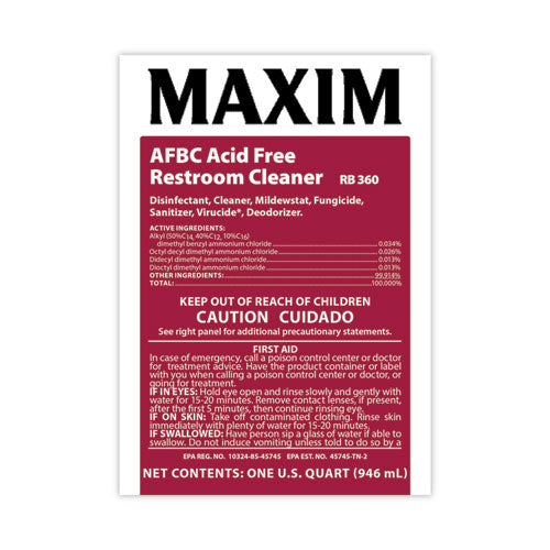 Image of Maxim® AFBC Acid-Free Restroom Cleaner, Safe-to-Ship, Fresh Scent, 32 oz Bottle, 6/Carton