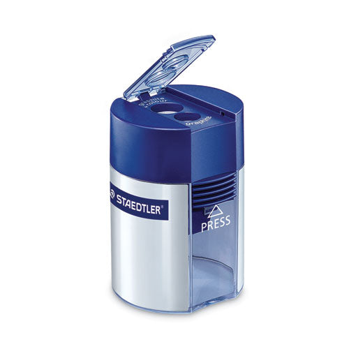 Image of Staedtler® Handheld Manual Double-Hole Plastic Sharpener, 1.57 X 1.65 X 2.2, Blue/silver, 6/box