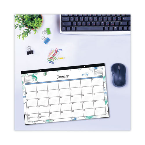 Image of Blue Sky® Lindley Desk Pad, Floral Artwork, 17 x 11, White/Blue/Green Sheets, Black Binding, Clear Corners, 12-Month (Jan to Dec): 2025