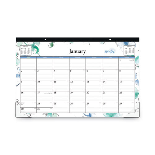 Image of Blue Sky® Lindley Desk Pad, Floral Artwork, 17 x 11, White/Blue/Green Sheets, Black Binding, Clear Corners, 12-Month (Jan to Dec): 2025