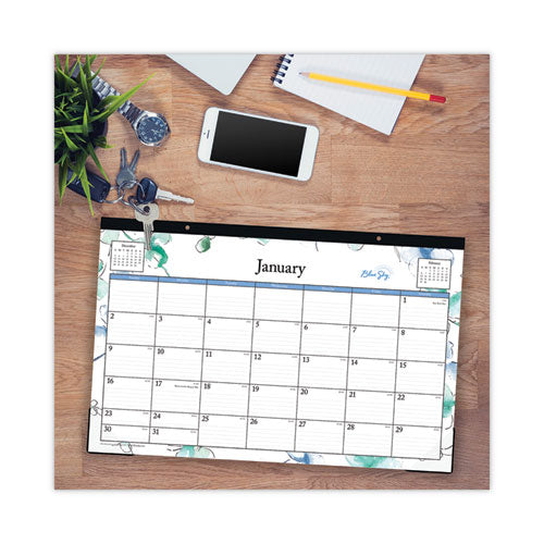 Image of Blue Sky® Lindley Desk Pad, Floral Artwork, 17 x 11, White/Blue/Green Sheets, Black Binding, Clear Corners, 12-Month (Jan to Dec): 2025