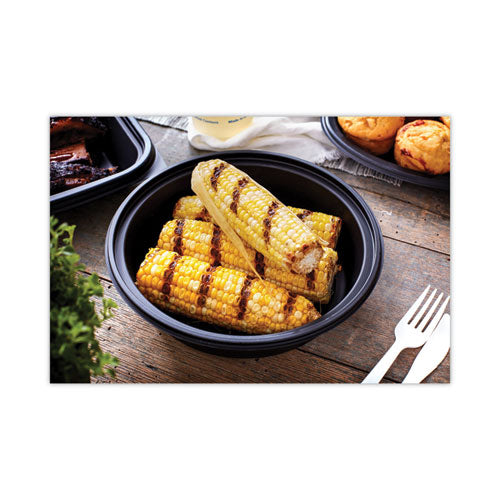 Image of Pactiv Evergreen EarthChoice MealMaster Container with Lid, 32 oz, 8" Diameter x 2.12" h, Black/Clear, Plastic, 250/Carton