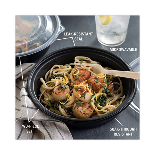 Image of Pactiv Evergreen EarthChoice MealMaster Container with Lid, 32 oz, 8" Diameter x 2.12" h, Black/Clear, Plastic, 250/Carton