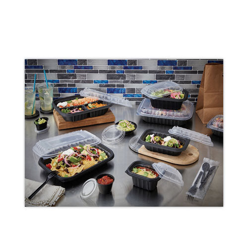 Image of Pactiv Evergreen EarthChoice Entree2Go Takeout Container, 3 Compartments, 48 oz, 11.75 x 8.75 x 2.13, Black, Plastic, 200/Carton