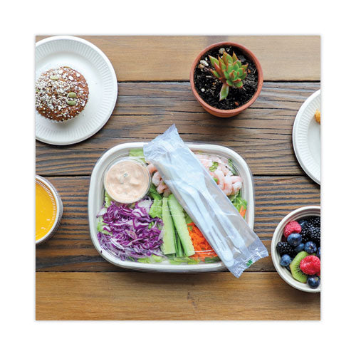 Image of World Centric® TPLA Compostable Cutlery Kit, Fork/Knife/Napkin/Spoon, Plastic, White, 250/Carton