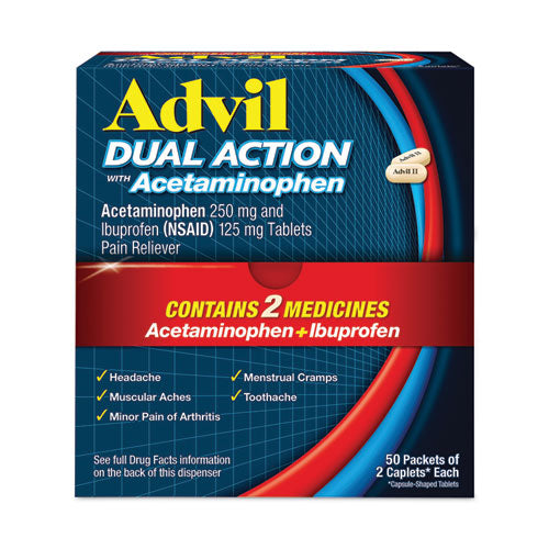 Image of Advil® Dual Action with Acetaminophen and Ibuprofen Caplets, 50 Packets of 2 Caplets