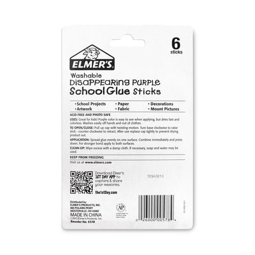 Image of Elmer's® School Glue Stick, 0.77 oz, Applies Purple, Dries Clear, 6/Pack