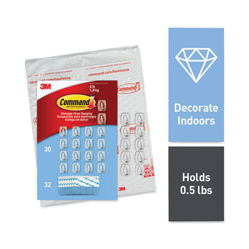 Image of Command Mini Hooks, Small, Plastic, Clear, 0.5 lb Capacity,  30 Hooks and 32 Strips/Pack