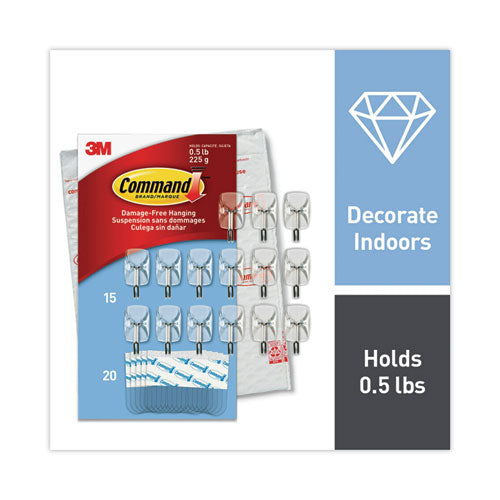 Image of Command Small Wire Hooks, Small, Plastic/Metal, Clear, 0.5 lb Capacity, Clear, 15 Hooks and 20 Strips/Pack