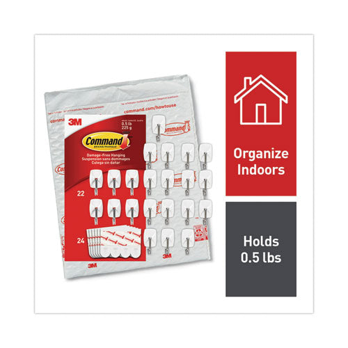 Image of Command Small Wire Hooks, Small, Plastic/Metal, White, 0.5 lb Capacity, 22 Hooks and 24 Strips/Pack