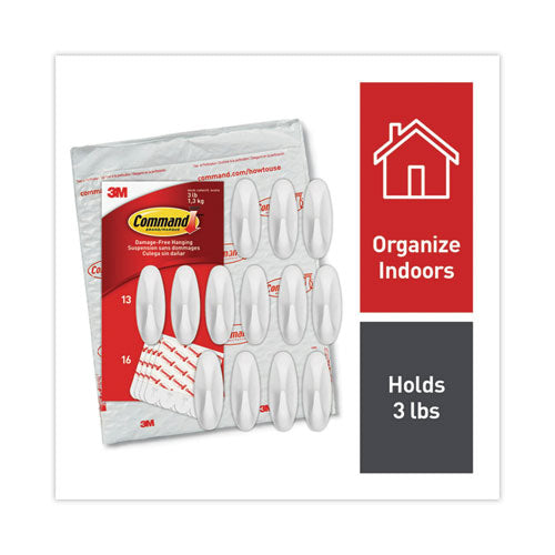 Image of Command Designer Hooks, Medium, Plastic, White, 3 lb Capacity, 13 Hooks and 16 Strips/Pack
