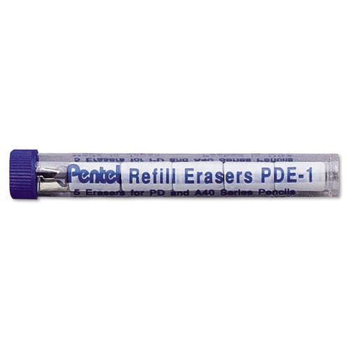 Image of Pentel® Eraser Refills For Pentel Champ, E-Sharp, Jolt, Icy And Quicker Clicker Pencils, Cylindrical Rod, White, 5/tube