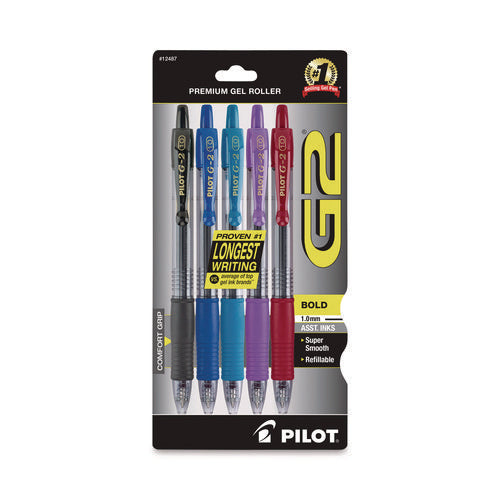 Image of Pilot® G2 Premium Gel Pen, Retractable, Bold 1 mm, Assorted Ink and Barrel Colors, 5/Pack