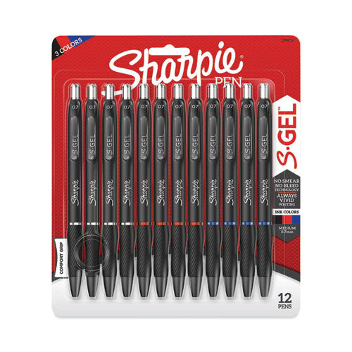 Image of Sharpie® S-Gel S-Gel High-Performance Gel Pen, Retractable, Medium 0.7 mm, Assorted Ink Colors, Black Barrel, Dozen