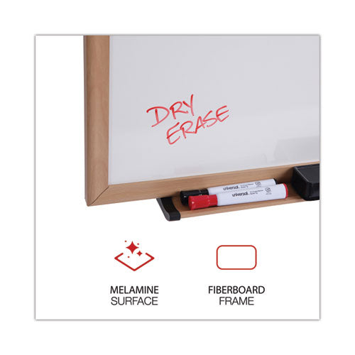 Image of Universal® Deluxe Melamine Dry Erase Board, 36" x 24", White Surface, Oak Finished Fiberboard (MDF) Frame
